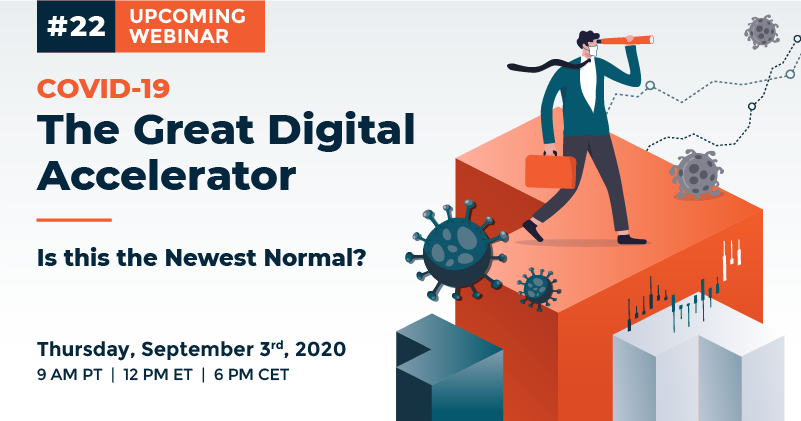 Webinar 22: The Great Digital Accelerator - is this the newest normal? Business man with mask looking to future